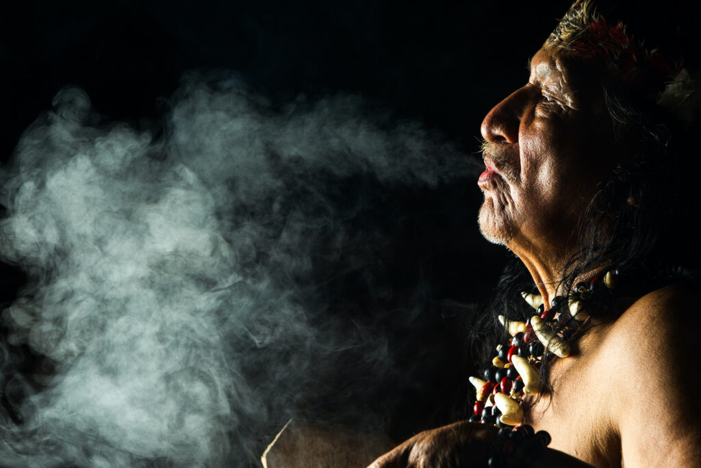 Shaman In Ecuadorian Amazonia During A Real Ayahuasca Ceremony Model Released Images As Seen In April 2015