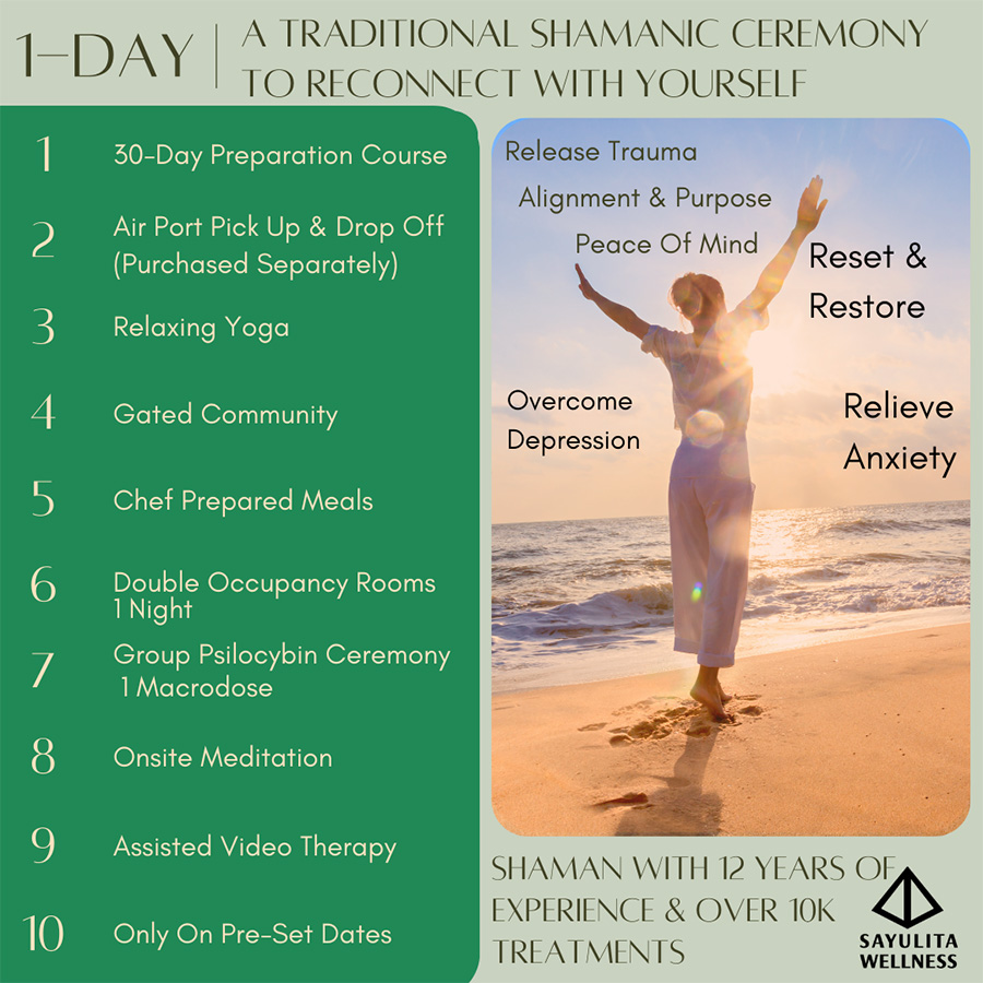 Sayulita Wellness Mushroom Retreat 1-day ceremony includes: 30-day preparation course, airport pick up and drop off, yoga, chef-prepared meals, double occupancy room for 1 night, group psilocybin ceremony, meditation, video therapy, and more. 
