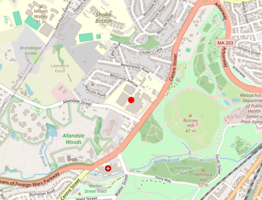 Map showing location of Brigham and Women's Faulkner Hospital Ketamine Clinic in Jamaica Plain, MA