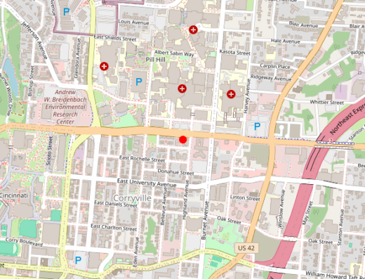 Map showing location of UCHealth Mood Disorders Center in Cincinnati, OH