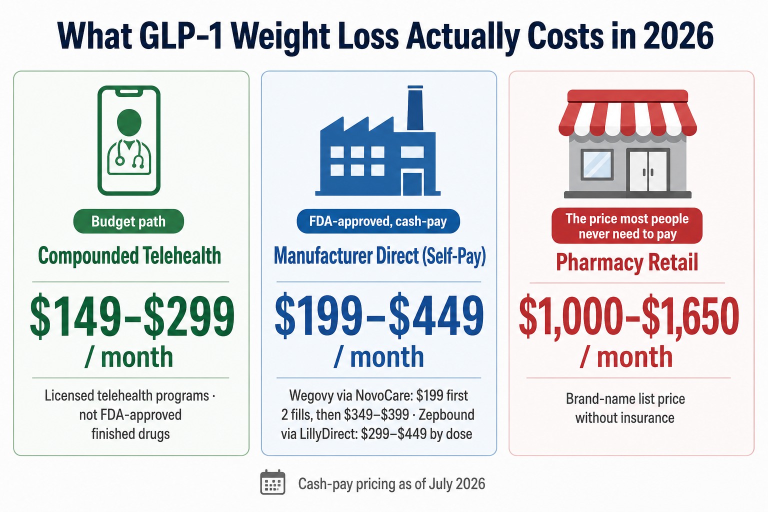 Infographic: what GLP-1 weight loss costs in 2026 — compounded telehealth $149–$299/month, manufacturer-direct NovoCare Wegovy and LillyDirect Zepbound $199–$449/month, pharmacy retail $1,000–$1,650/month